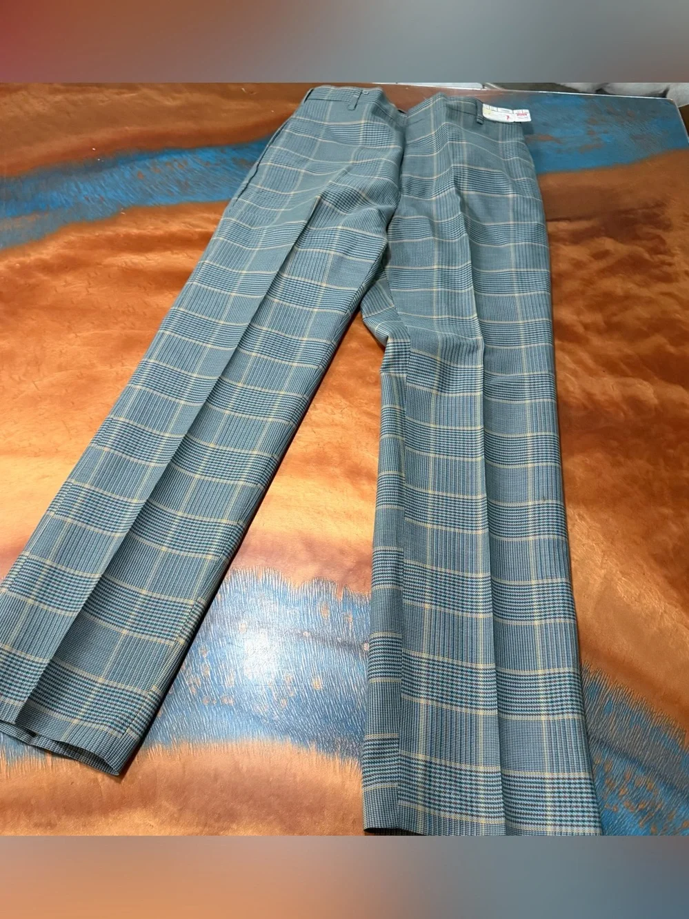 Vintage 1970s Levi’s STA-PREST Deadstock Plaid Pants 31x31 Blue Green Tan